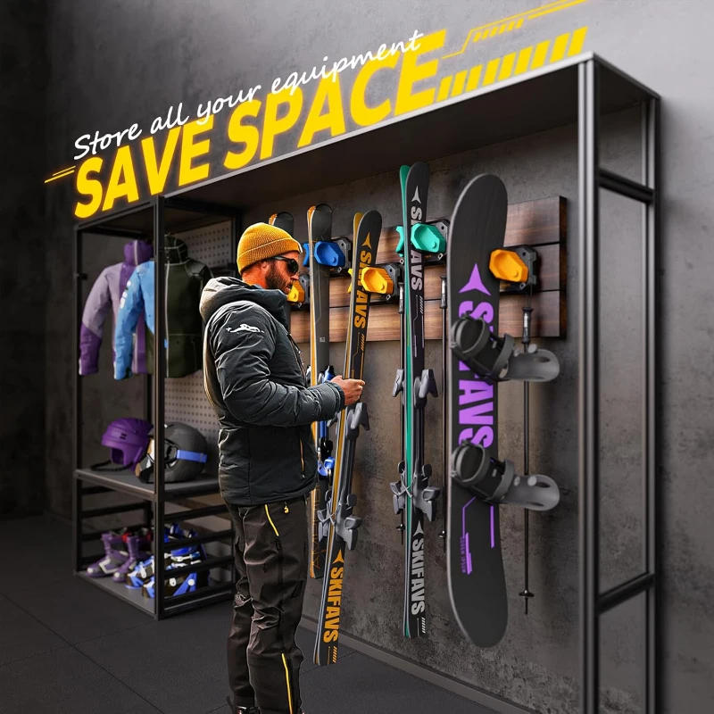 Ski & Snowboard Wall Rack – Yellow, 4-Pack | Damage-Free Vertical Mount, Garage Space-Saving Winter Gear Organizer