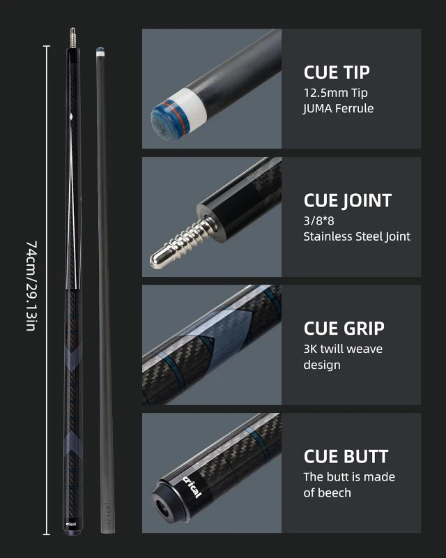 CRICAL 58-inch Carbon Fiber Pool Cue – Pro Low-Deflection Cue with 3/8×8 Stainless Joint and 12.5mm Tip