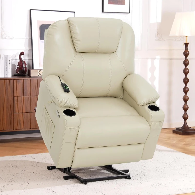 MCombo Extra Wide Power Lift Recliner Chair for Elderly R7045 - Medium-Wide Faux Leather Lift Chair with Heat & Massage, USB & Type-C Ports, Cup Holders (Cream White)