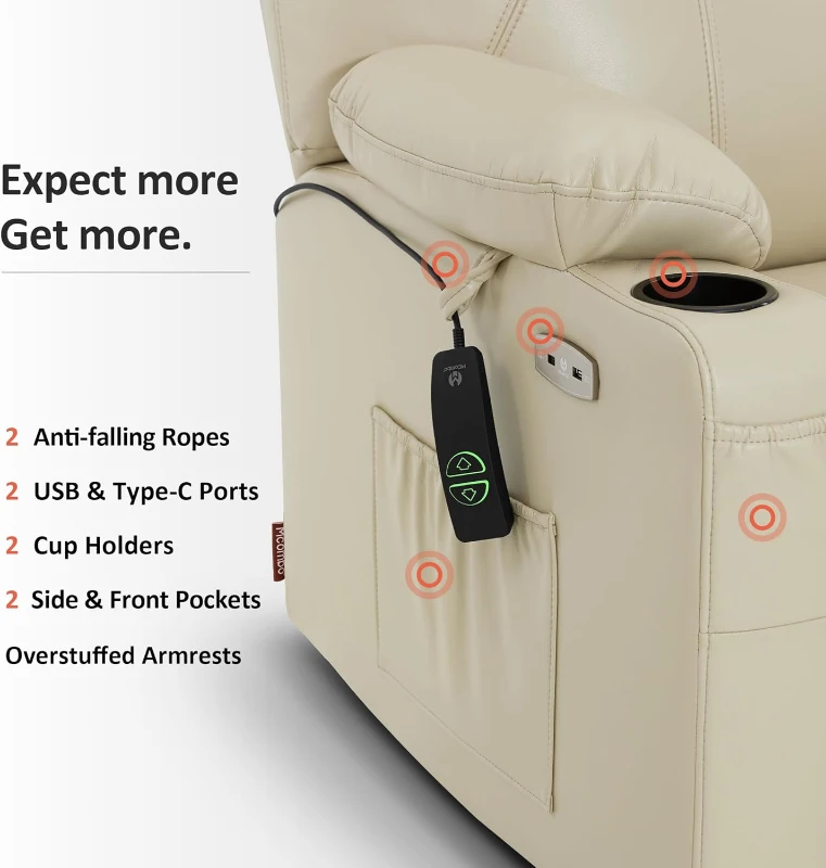 MCombo Extra Wide Power Lift Recliner Chair for Elderly R7045 - Medium-Wide Faux Leather Lift Chair with Heat & Massage, USB & Type-C Ports, Cup Holders (Cream White)
