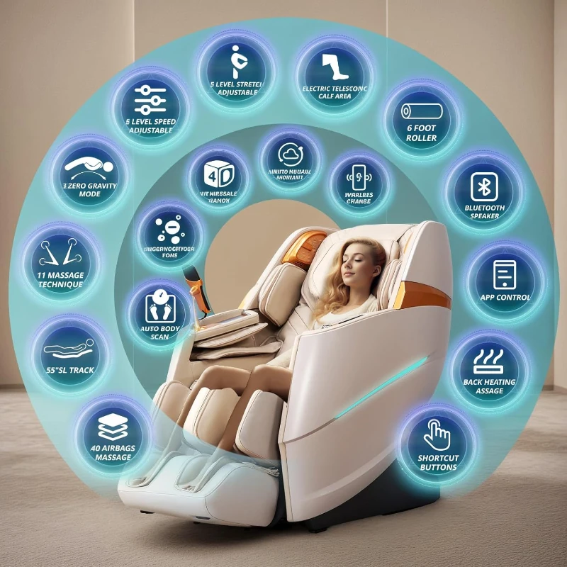 4D Full-Body Massage Chair - 55"" S+L Track Zero Gravity Recliner | 20 Auto Modes, 11 Techniques, 40-Airbag System | Yoga Stretch, App Control (Beige)
