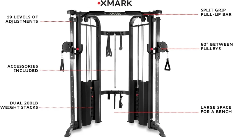 XMARK Functional Trainer — All-in-One Cable Pulley & Crossover with Dual 200 lb Stacks, Multi-Grip Pull-Up Bar and Expandable Attachment Compatibility