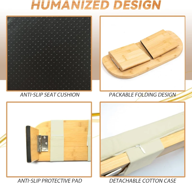 100% Natural Bamboo Folding Meditation Bench — Seiza Kneeling Stool with Cushion (Beige)