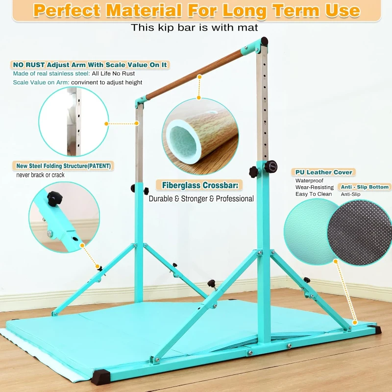 MARFULA 4 ft/5 ft Foldable Gymnastics Kip Bar Set with Mat - Adjustable Height (36""–60""), 400 lb Capacity for Kids & Club Training