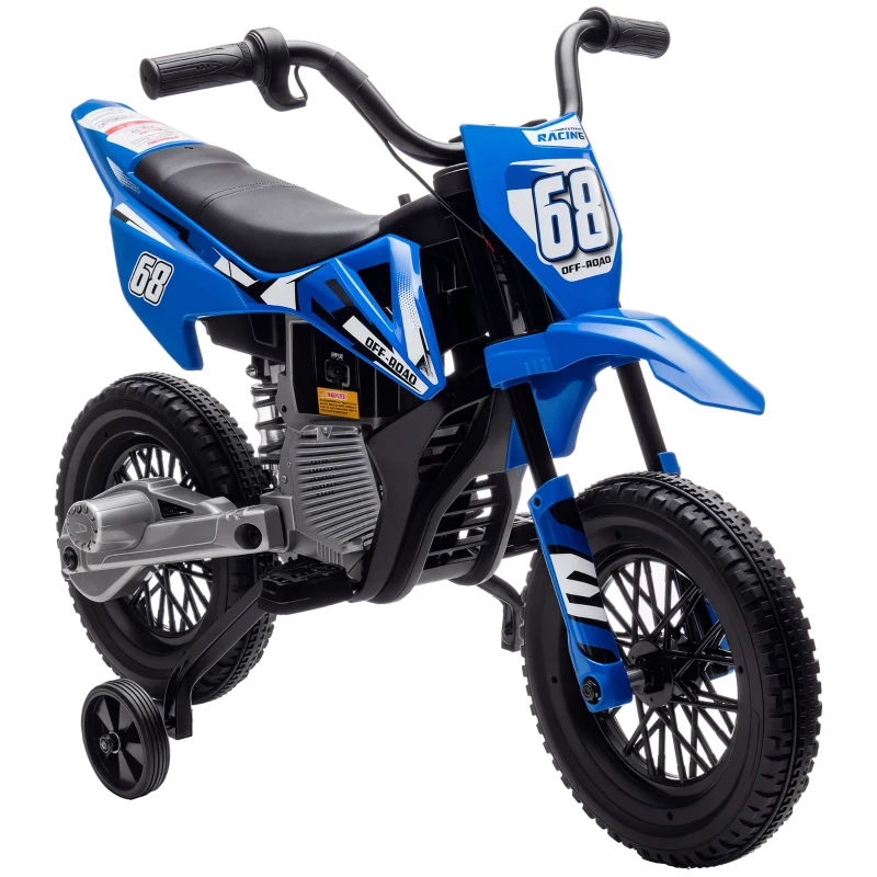 Qaba 12V Kids Dirt Bike, Electric Motorcycle with Twist Grip Throttle, Training Wheels, Rear Suspension & Music, Blue