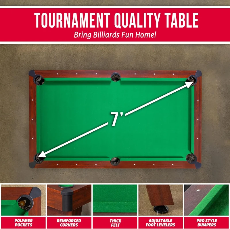 GoSports 7 ft Wood-Finish Pool Table — Rustic Brown Frame with Green Felt (7 x 4 ft)