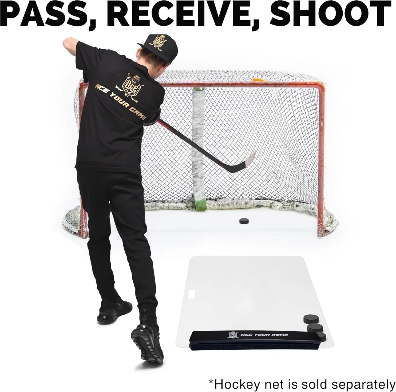 ACE HOCKEY 30"" x 60"" Shooting Pad with Puck Rebounder - 12.5 sq ft Synthetic Ice Mat & Puck Passer for One-Timers