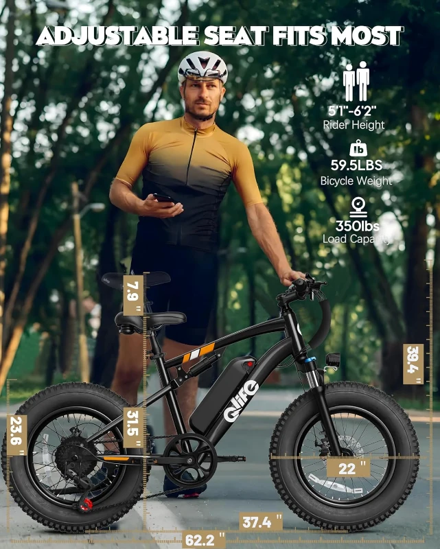 Qlife Racer Fat Tire 2.0 Electric Bike for Adults — Peak 1200W Brushless Motor, 28 MPH, 499Wh Removable Battery, 20"" x 4.0 Tires, 7-Speed Step-Over E-MTB