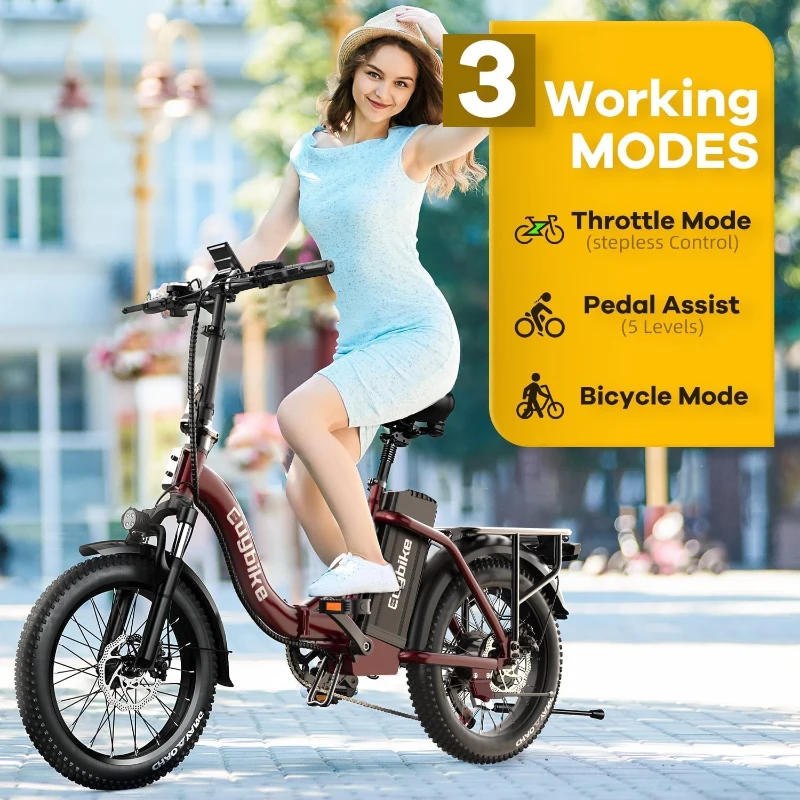 KEBIKO 1000W Peak Foldable Electric Bike with 48V 20Ah Removable Battery, 30+ MPH, Up to 80-Mile Range, 20"" Fat Tire Foldable Ebike for Adults – Commute, Beach, Snow