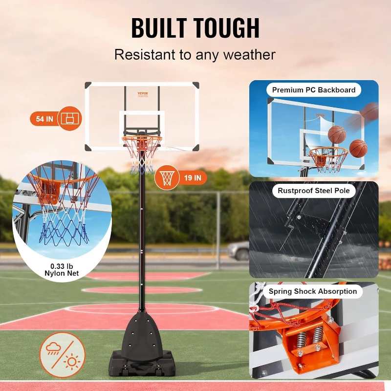 VEVOR Adjustable Portable Basketball Hoop with Weighted Base, Wheels and PC Backboard — Indoor/Outdoor for Youth & Adults