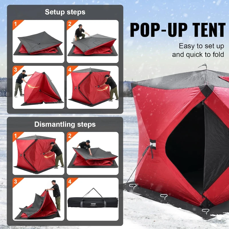 VEVOR Insulated Pop-Up Ice Fishing Tent – 600D Oxford, 80g Insulation, Hub-Style Portable Shelter for 1–8 People, Waterproof, Includes Anchors, Ropes & Carry Bag