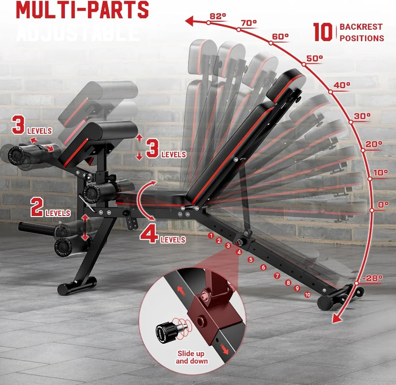 XDDIAS Adjustable Weight Bench with Leg Extension/Curl & Extended Headrest, Preacher Curl Station — 900 lb Capacity (Includes 4x10lb Bumper Plates)