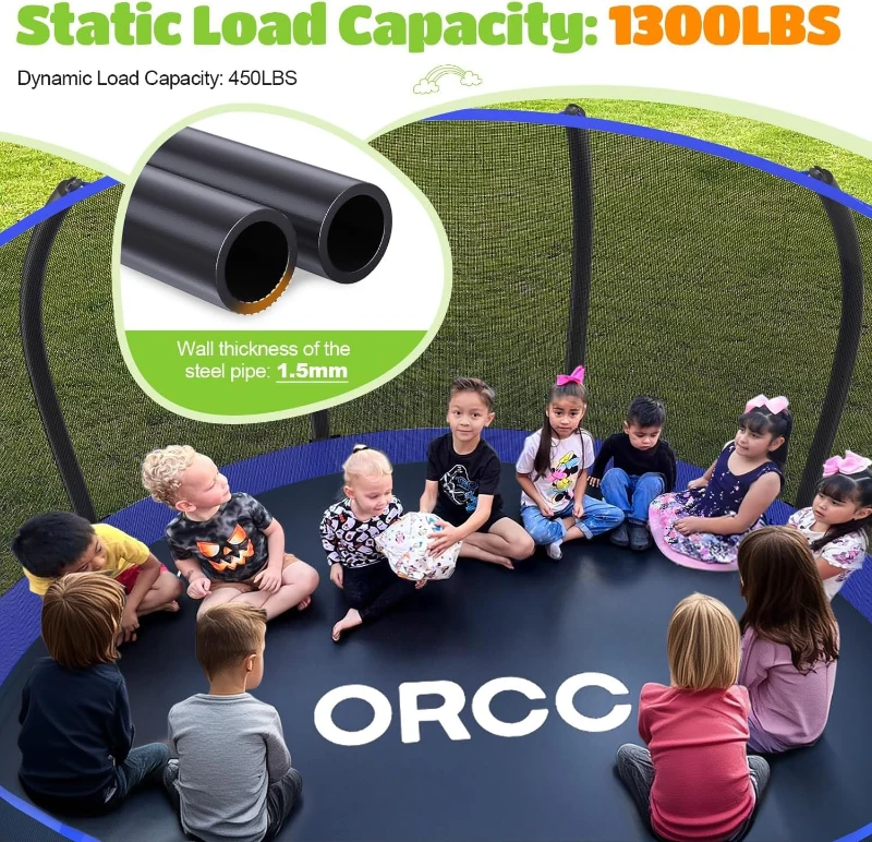 ORCC Heavy-Duty Trampoline (8–16 ft) – 1200 lbs Capacity, ASTM & CPSIA Tested, Basketball Hoop, Sprinkler, Spiral Ground Stakes, Extra Materials for Safety