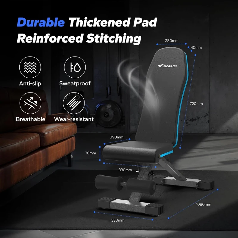 MERACH Foldable Weight Bench - Adjustable Incline Bench Press, 990 lb Capacity, 72 Training Angles for Full-Body Workouts