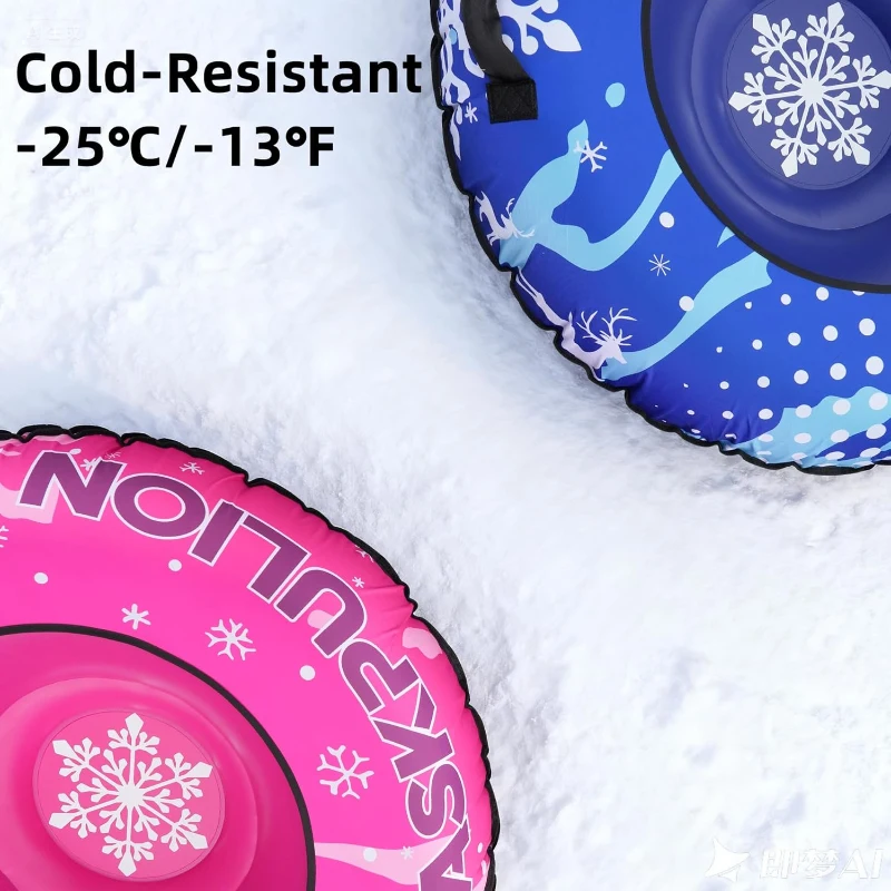 48"" Heavy-Duty Inflatable Snow Tube — Cold-Resistant with Canvas Cover, Padded Handles, Reinforced Bottom & Tow Rope, Ideal Winter Gift