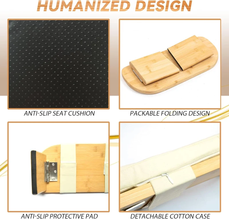 100% Natural Bamboo Folding Meditation Bench with Cushion and Carry Bag — Seiza Kneeling Stool (Beige)