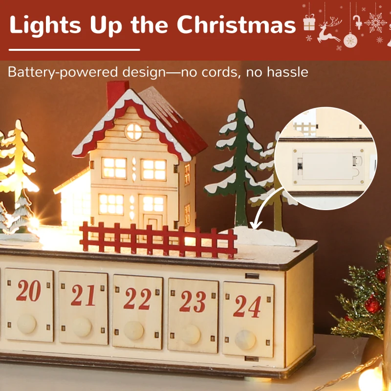 HOMCOM Christmas Advent Calendar with 24 Countdown Drawers and LED Lights, Wood-Effect Advent Calendar, Battery Operated