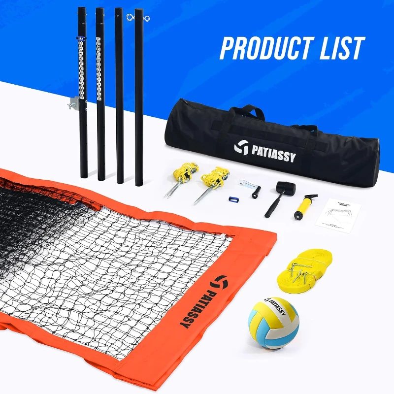Patiassy Backyard Volleyball System – Professional Portable Outdoor Set with Adjustable Aluminum Poles, Precision Winch, Steel Stakes, Anti-Sag Net, Pump and Heavy-Duty 1680D Bag