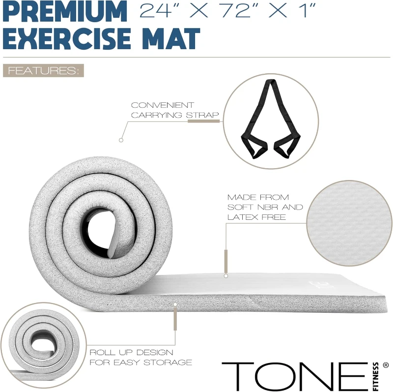 Tone Fitness One-Inch High-Density Yoga Mat — Extra-Thick Non-Slip Exercise Mat with Carrying Strap for Yoga, Pilates & Home Gym