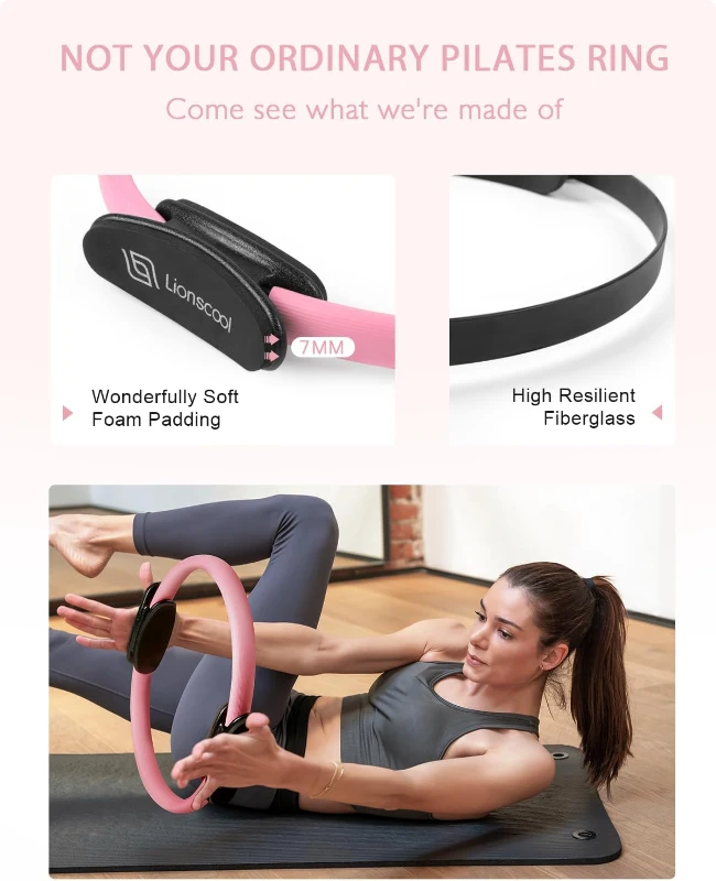 LIONSCOOL 14-inch Pilates Ring Kit – Magic Circle with Padded Handles, Mini Ball, Dual Band Sets, Non-Slip Socks, Guide & Bag