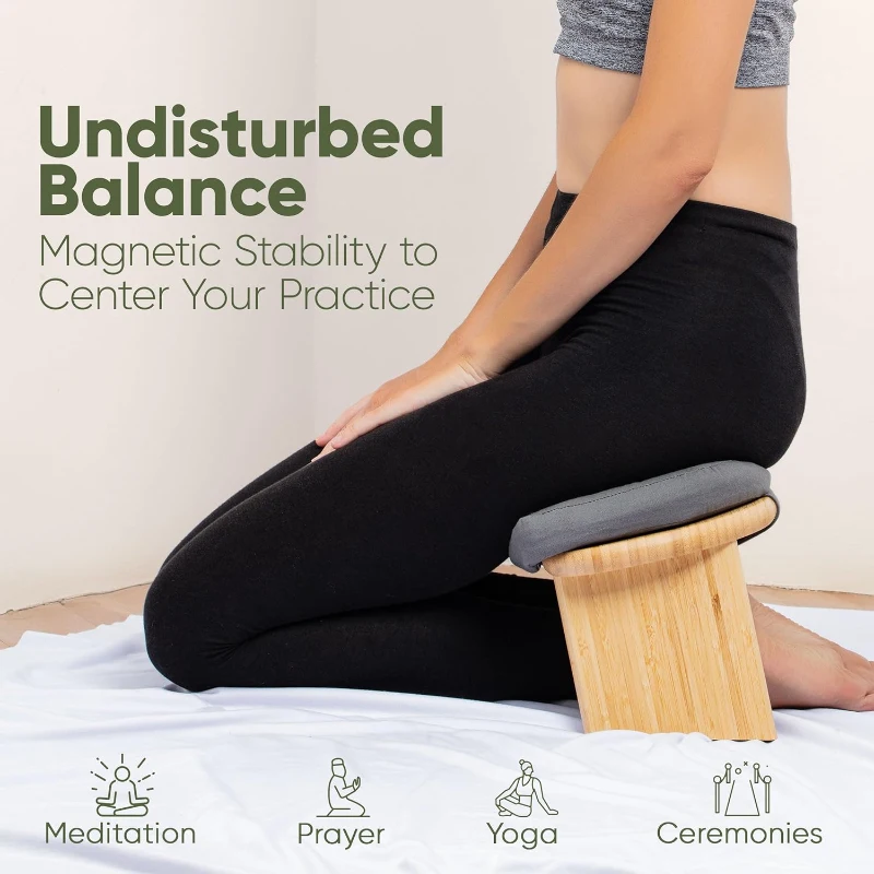Portable Bamboo Seiza Meditation Bench with Removable 1.6"" Thick Cushion, Magnetic Locking Hinges and Canvas Carry Bag