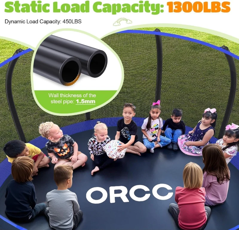 ORCC Heavy-Duty Outdoor Trampoline — 8/10/12/14/15/16 ft with 1200 lb Capacity, Safety Enclosure, Basketball Hoop, Sprinkler & Accessories