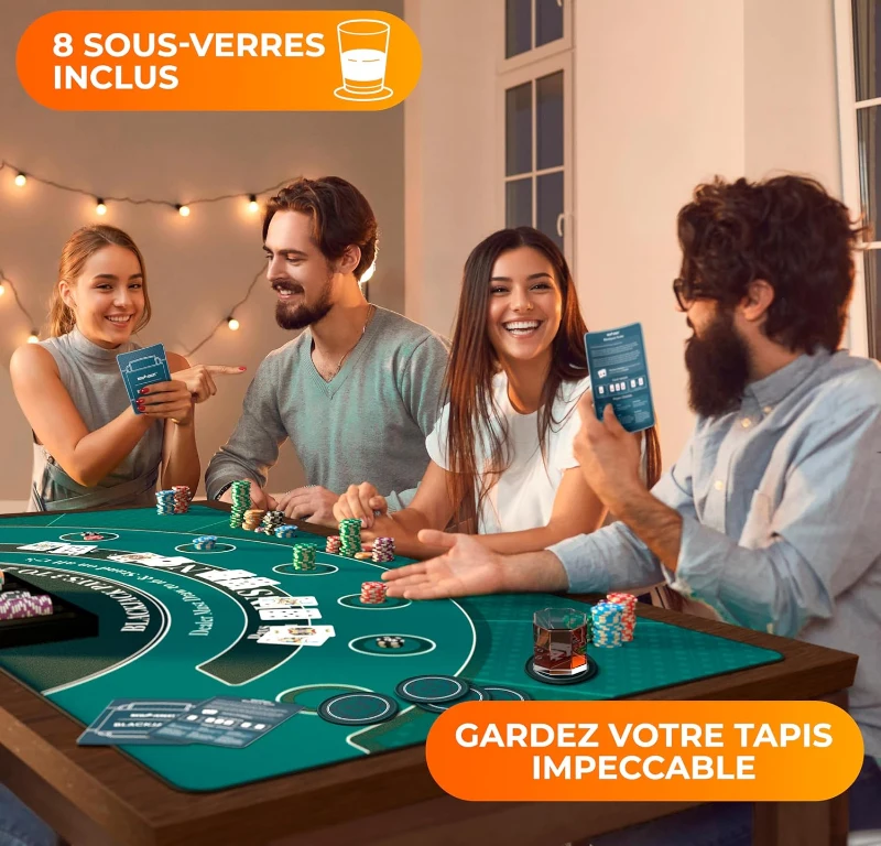 Newverest 70"" x 35"" Blackjack Table Top – Casino-Style Poker Mat for Home Game Nights, Zipper Storage Bag with 8 Coasters in Gift-Ready Box