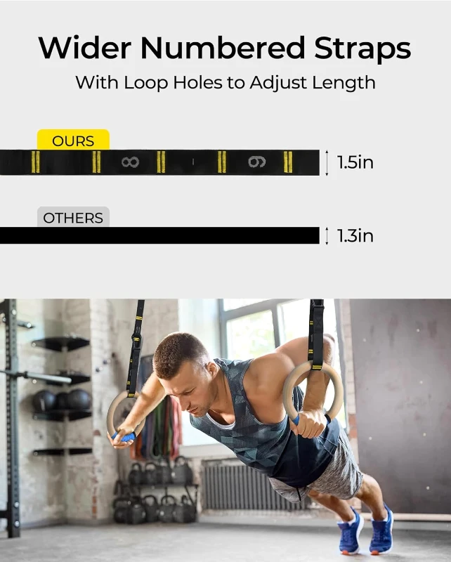 PACEARTH 32mm Wooden Gymnastics Rings 1500lbs with Screw-Lock Carabiners - 9ft Double-Layer Numbered Straps, Door Anchor & Foot Straps