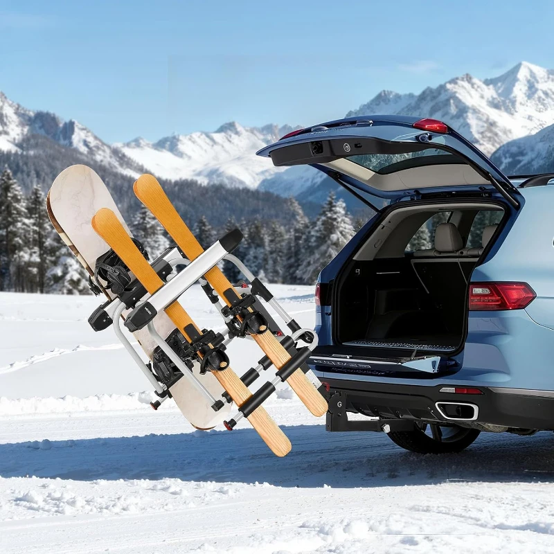 VEVOR Hitch-Mounted Ski & Snowboard Rack for 2-Inch Receiver, Carries up to 6 Pairs of Skis or 4 Snowboards, Includes Key Lock, Security Strap, 120° Tilt Access & Rubber Padding