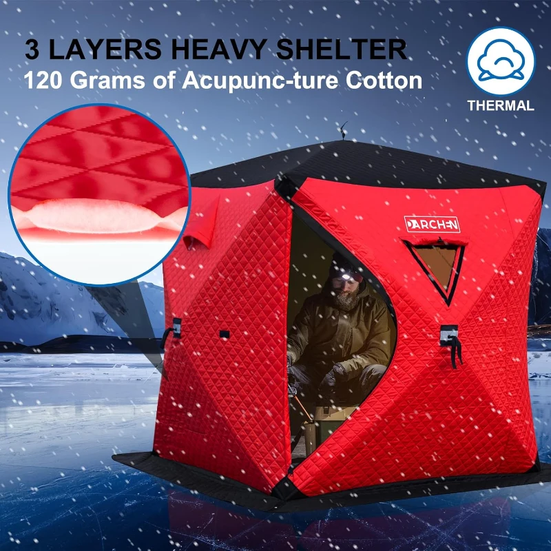 DARCHEN Insulated 3-Layer Pop-Up Ice Fishing Shanty for 3–4 People — Thermal Tent with Insulation Layer