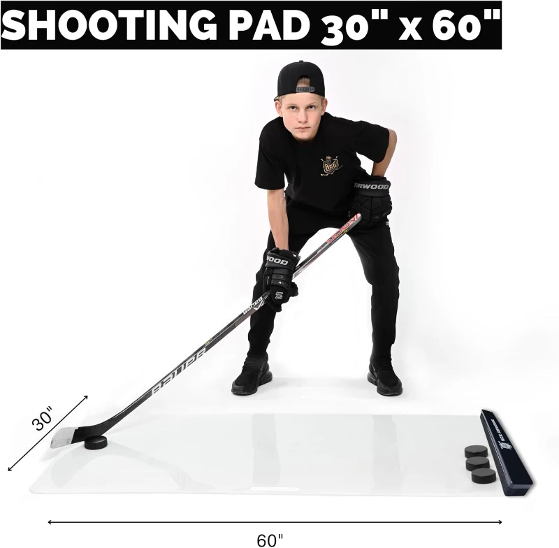 ACE HOCKEY 30"" x 60"" Shooting Pad with Puck Rebounder - 12.5 sq ft Synthetic Ice Mat & Puck Passer for One-Timers