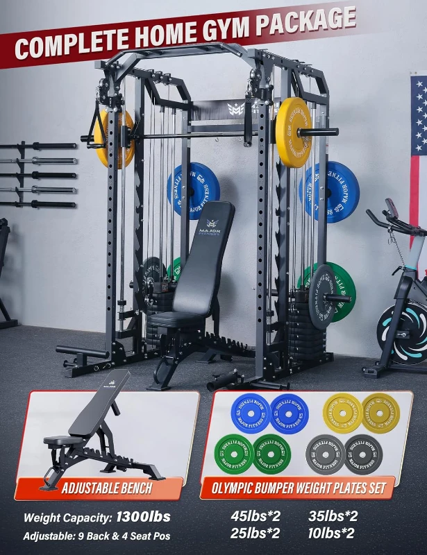Major Fitness Drone2 Advanced Smith Machine – All-in-One Home Gym Squat Rack with Aluminum Pulley Set, Weight Bar, Dual Lat Pulldown Systems & Cable Crossover for Comprehensive Full-Body Training