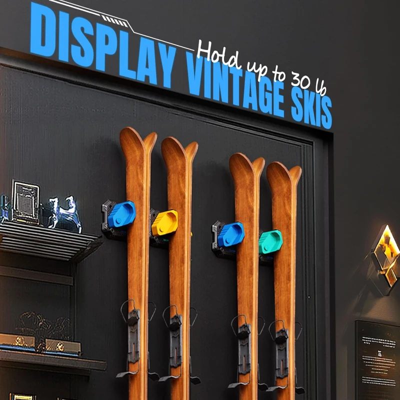 Blue Ski & Snowboard Wall Rack – 6-Pack Space-Saving Garage Mount, Damage-Free Holders for Any Ski or Board