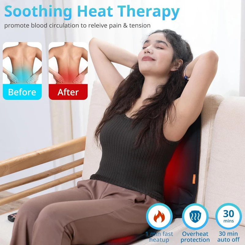 10-Motor Heated Vibration Seat Cushion — Back Massager Chair Pad with Heat, 10 Vibration Motors for Comfort and Pain Relief — Home & Office Use