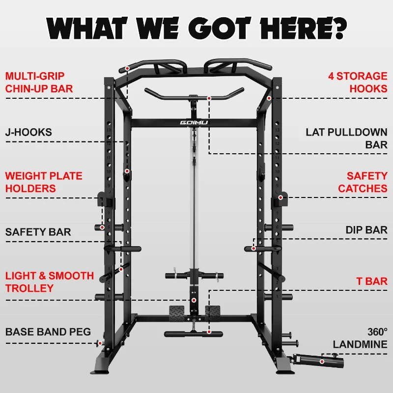 GOIMU C1-V4 Power Cage — 2000 lb Capacity Squat Rack with Lat Pulldown, Multi-Function Strength Cage with Extensive Attachments for Home Gym/Garage