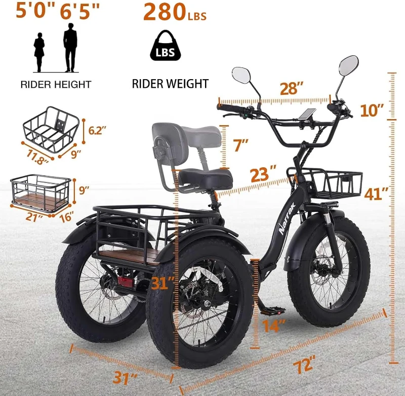 Narrak 3-Wheel Electric Trike — 750W (Peak 1350W) 48V13Ah Folding Fat-Tire Ebike, 20""x4"" Aluminum Frame, Hydraulic Brakes & Rear Differential, Max 20 MPH