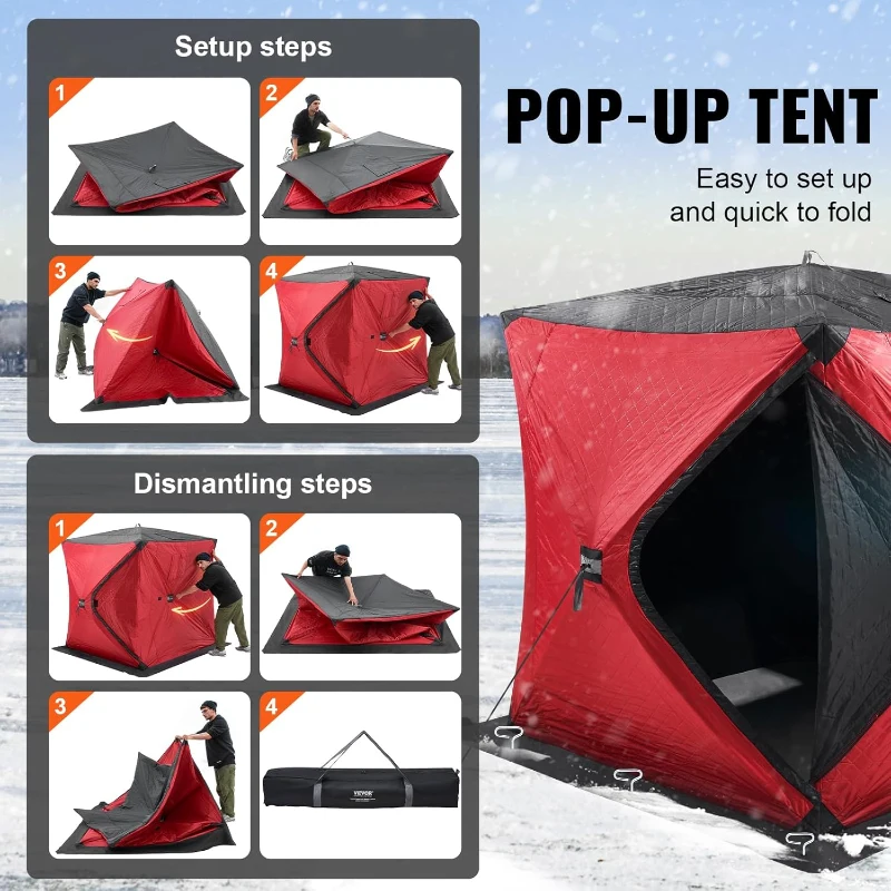 VEVOR Insulated Pop-Up Ice Fishing Tent – 600D High-Density Oxford, 80g Cotton Fill, Hub-Style Shelter for 1–8 Persons, Waterproof, Includes Anchors, Ropes & Carry Bag
