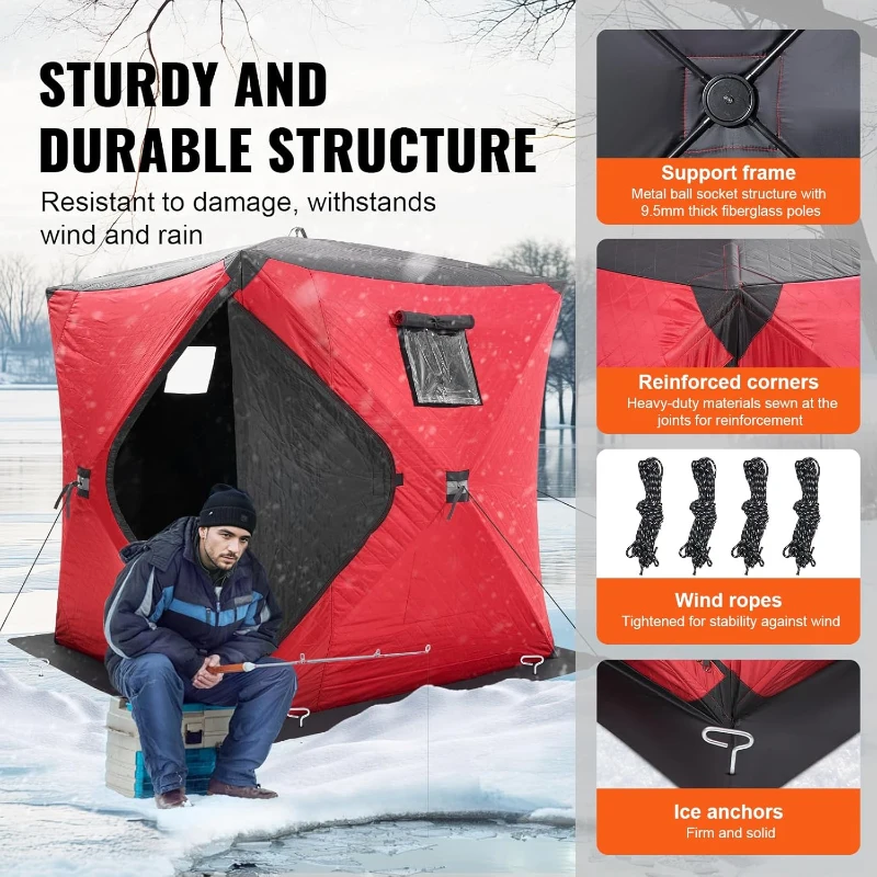 VEVOR Insulated Pop-Up Ice Fishing Tent – 600D High-Density Oxford, 80g Cotton Fill, Hub-Style Shelter for 1–8 Persons, Waterproof, Includes Anchors, Ropes & Carry Bag
