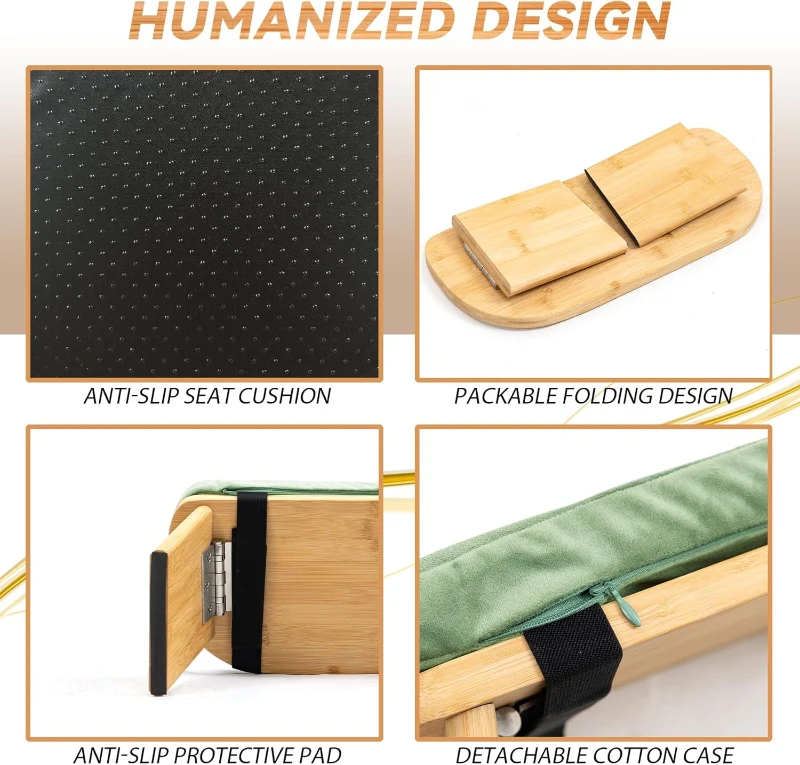 Bamboo Folding Meditation Bench with Cushion (Green) – Ergonomic Seiza Kneeling Stool with Magnetic Locking Hinges and Carry Bag