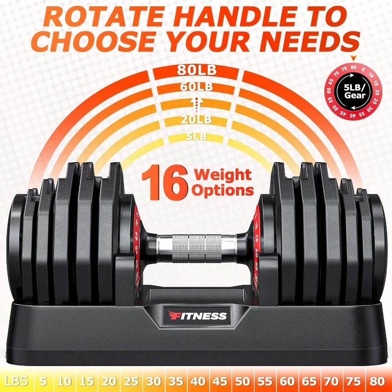 Adjustable Dumbbells Set of 2 — One-Hand Dial Adjustment, 16-in-1 (5–80 lb) Free Weights, Anti-Slip Knurled Handle, 25/55/80 lb Pair for Home Gym (Men & Women)