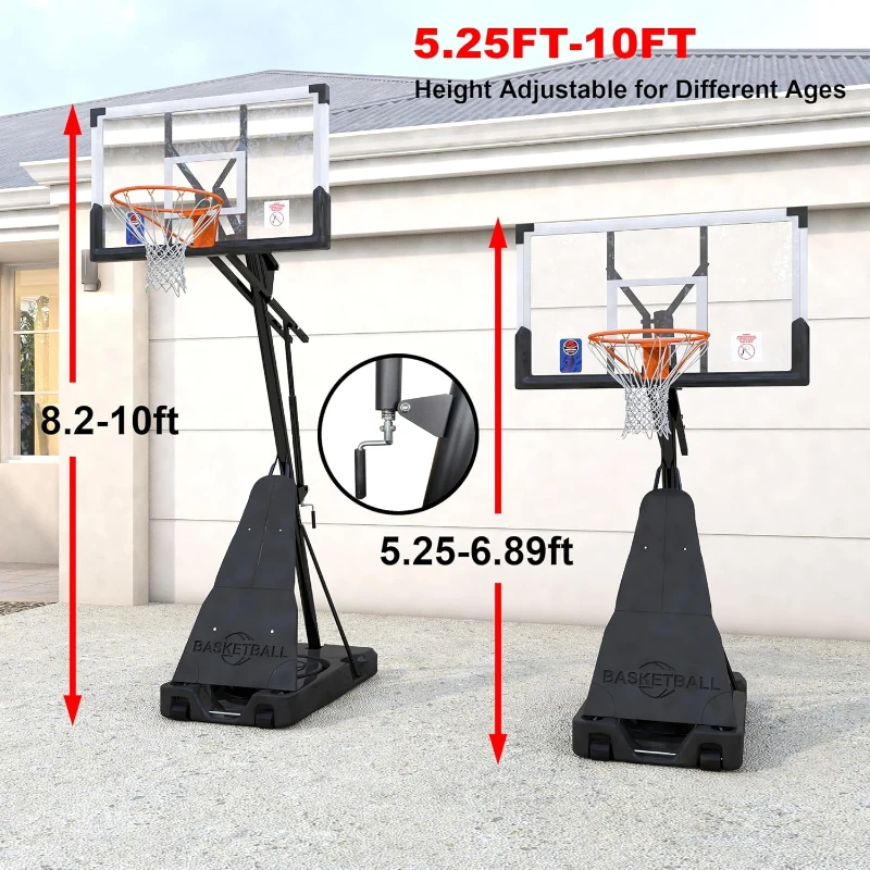 Adjustable Outdoor Basketball Hoop with 44/54-inch Shatterproof Backboard, 5.25–10 ft Height Range, Portable Base with Sandbag