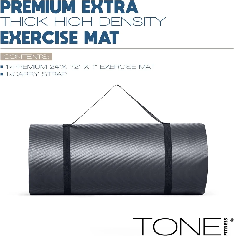 Tone Fitness 1-Inch Thick Yoga Mat | High-Density Non-Slip Exercise Mat with Carry Strap (24"" x 72"")