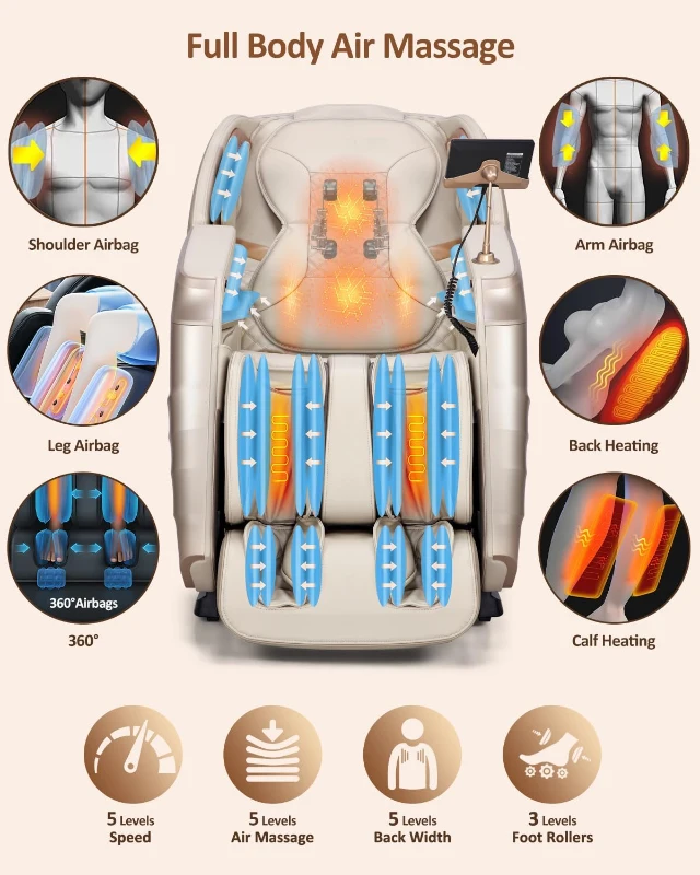 RELX 2026 Full-Body Massage Chair — 20-Mode Zero-Gravity SL-Track Shiatsu Recliner with Built-in Heat, Airbag Massage, Body Scan, Deep Yoga Stretch, Calfrest Extension & AI Control (Cream)