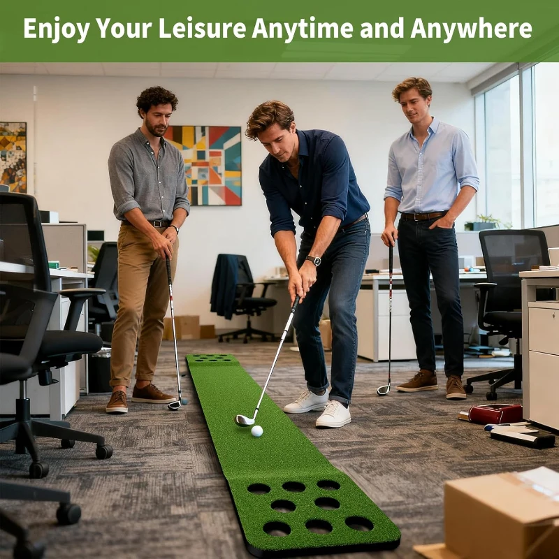 Wekin Indoor Putting Green Mat with 2 Adjustable Putters, 2 Balls & 16 Hole Covers — 10.5 ft Golf Training Mat, Portable Game Set, Great Gift for Men
