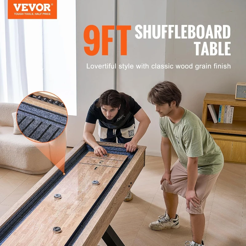 VEVOR 9 ft Shuffleboard Table — 2-in-1 Shuffleboard & Bowling Combo with Scratch-Resistant Poly Playfield, X-Style Legs, 8 Pucks, Bowling Set, Wax and Brush