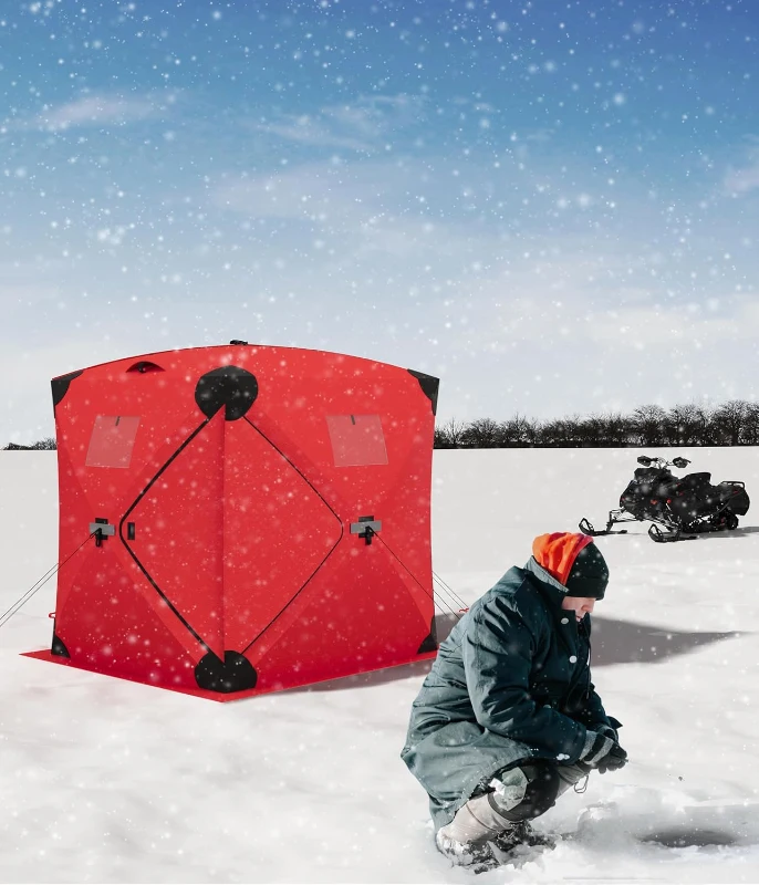 DEXSO Pop-Up Ice Fishing Shelter — Spacious 4–6 Person Portable Ice Shack, Durable Weather-Resistant (Blue/Red)