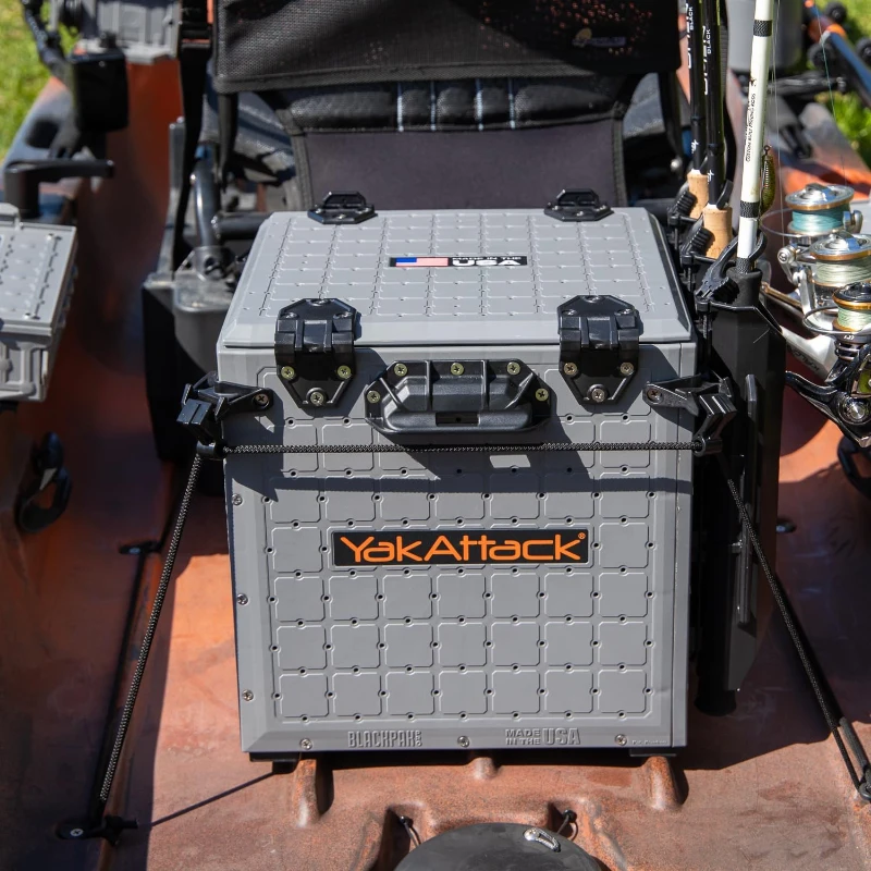 YakAttack BlackPak Pro 13in x 13in Kayak Fishing Crate – Battleship Grey, 3 TetherTube Rod Holders | Compact Lightweight Durable Customizable