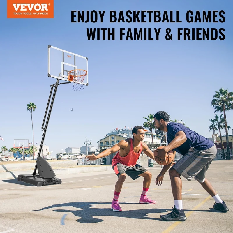 VEVOR Adjustable Portable Basketball Hoop with Weighted Base, Wheels and PC Backboard — Indoor/Outdoor for Youth & Adults