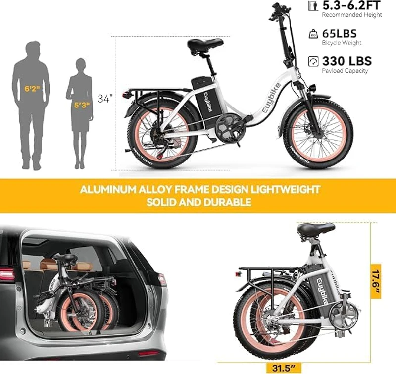 KEBIKO 1000W Peak Folding Electric Bike with 48V 20Ah Removable Battery, 30+ MPH, Up to 80 Mile Range, 20"" Fat Tire Foldable E-Bike for Adults - Commute/Beach/Snow