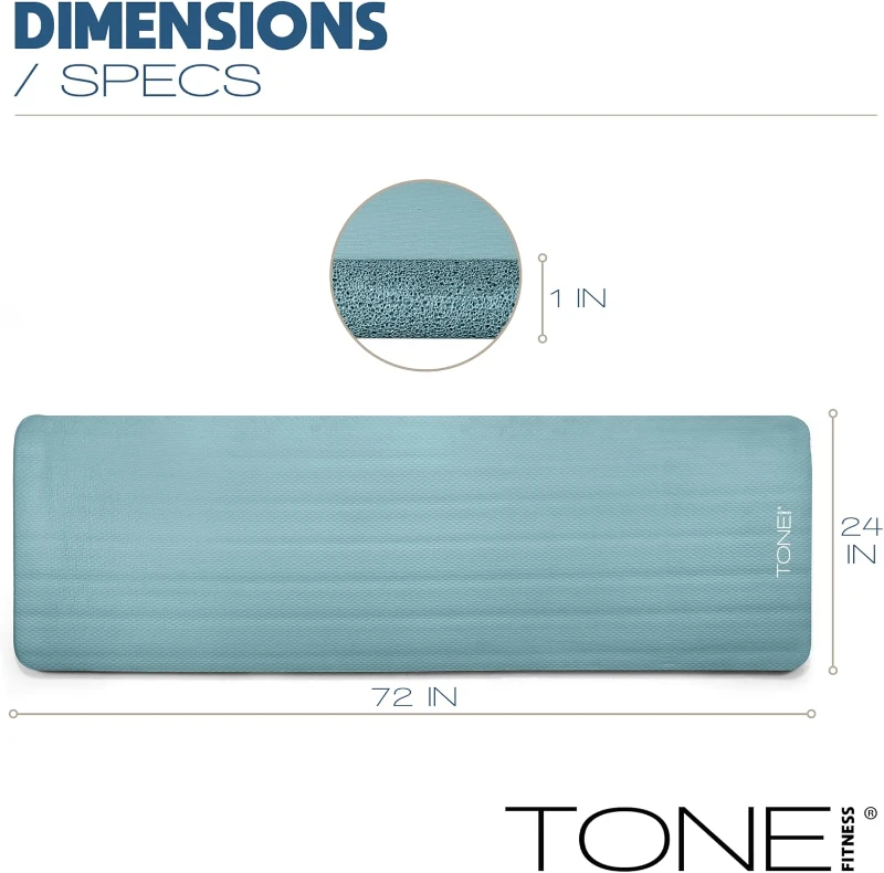 Tone Fitness 1-inch Thick Exercise Mat — High-Density, Non-Skid NBR with Strap for Pilates, Yoga & Home Workout Sessions